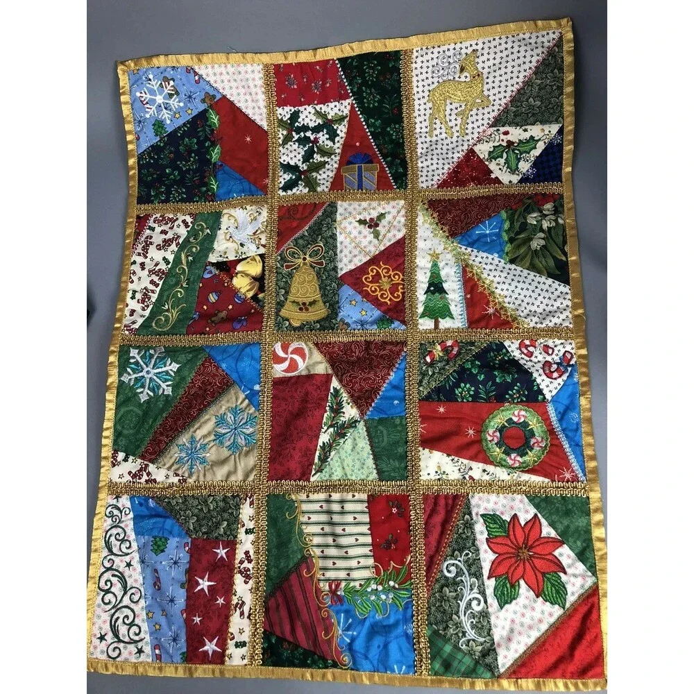Christmas Table Runner Snowman Handmade Embroidered Double Sided Multi Color